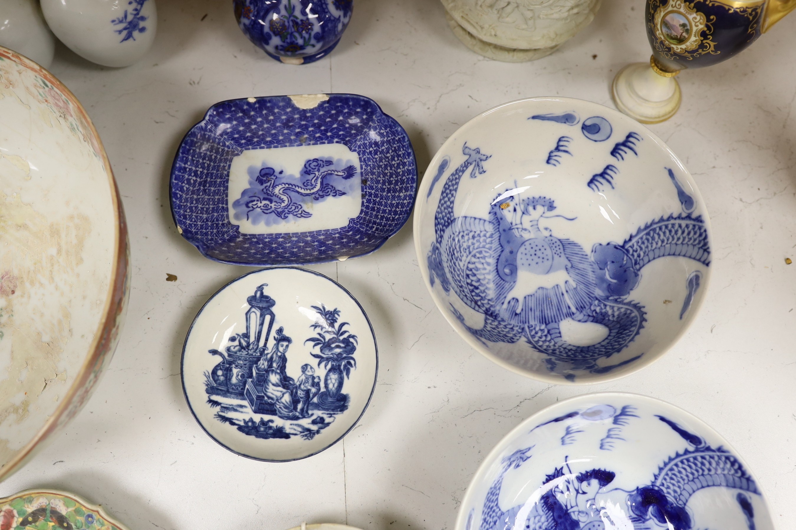 Two First Period Worcester saucers, together with a quantity of decorative Continental and Chinese ceramics, tallest 30cm